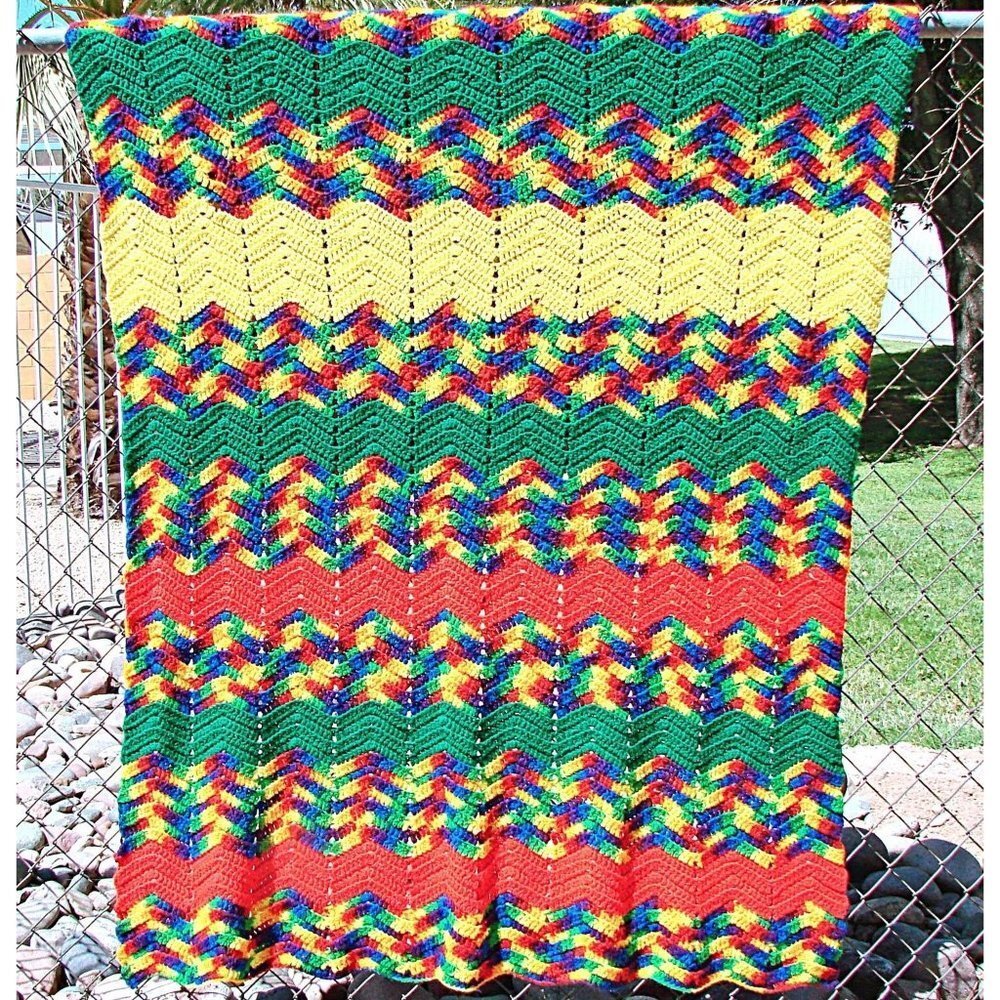 Rainbow Stripe Zig Zag Crochet Afghan Blanket Throw 76x46" Handmade Pride Vtg